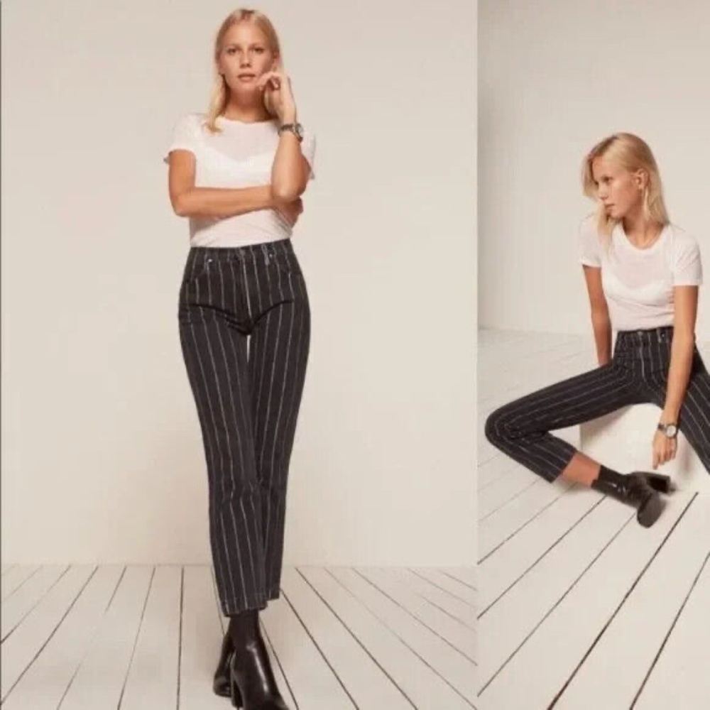 Reformation Striped Mid Rise Skinny Slim Jeans Sulu Wash